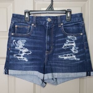 American Eagle Outfitters Curvy Hi Rise Shortie Dark Blue Distressed Jean Shorts